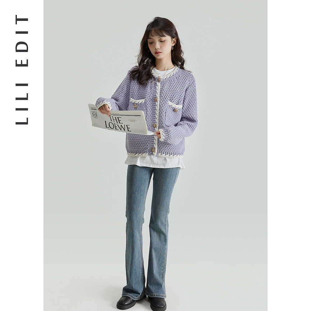 LILIEDIT/小香风短款针织开衫外套女春季新款撞色减龄高级感上衣 - 图1