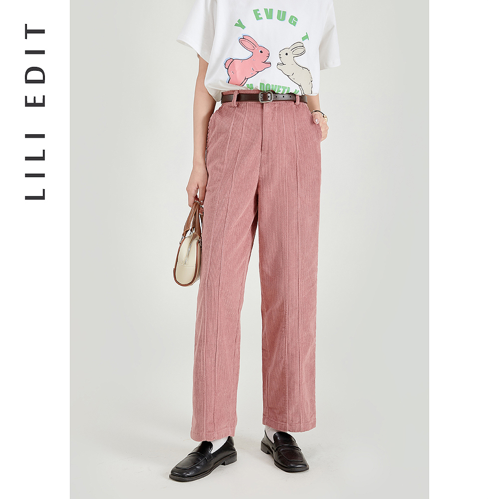 LILIEDIT/高腰直筒粉色灯芯绒休闲裤女春季新款宽松减龄显瘦裤子 - 图1