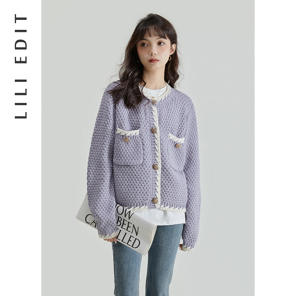 LILIEDIT/小香风短款针织开衫外套女春季新款撞色减龄高级感上衣 - 图0