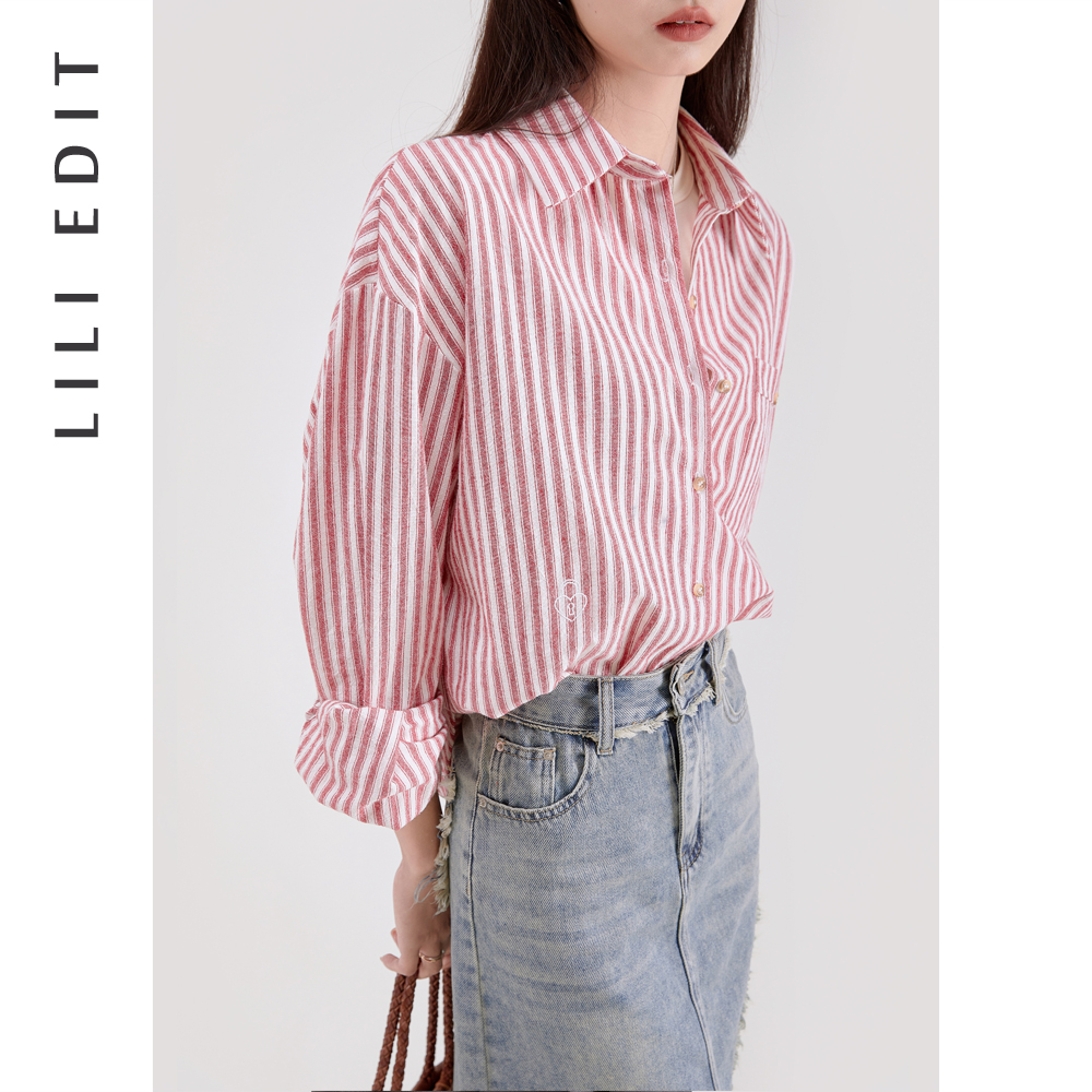 LILIEDIT/翻领条纹衬衫女春季新款宽松显瘦小众设计感长袖上衣 - 图2