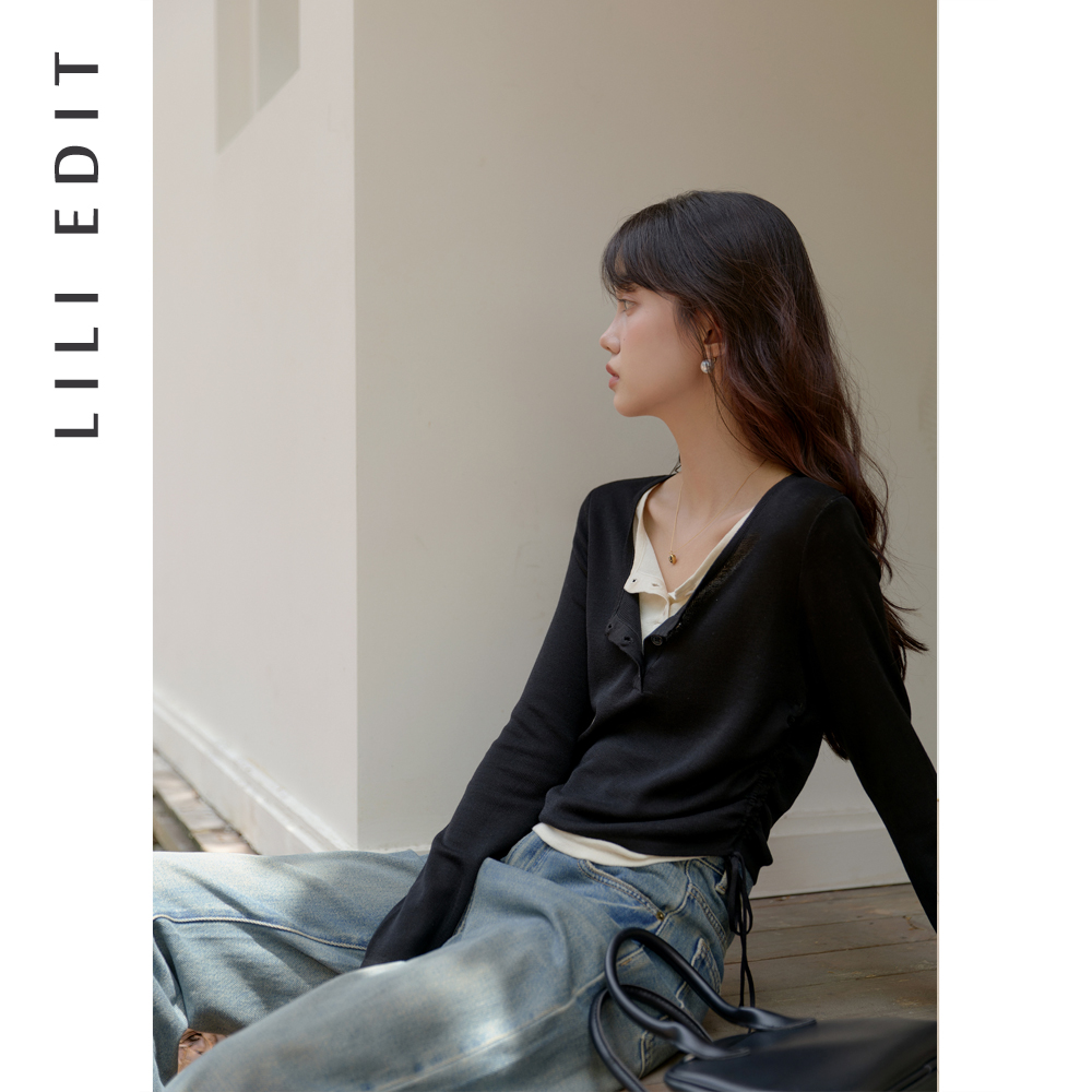 LILI EDIT/假两件侧抽绳显瘦长袖针织衫女春季撞色设计感内搭上衣 - 图0