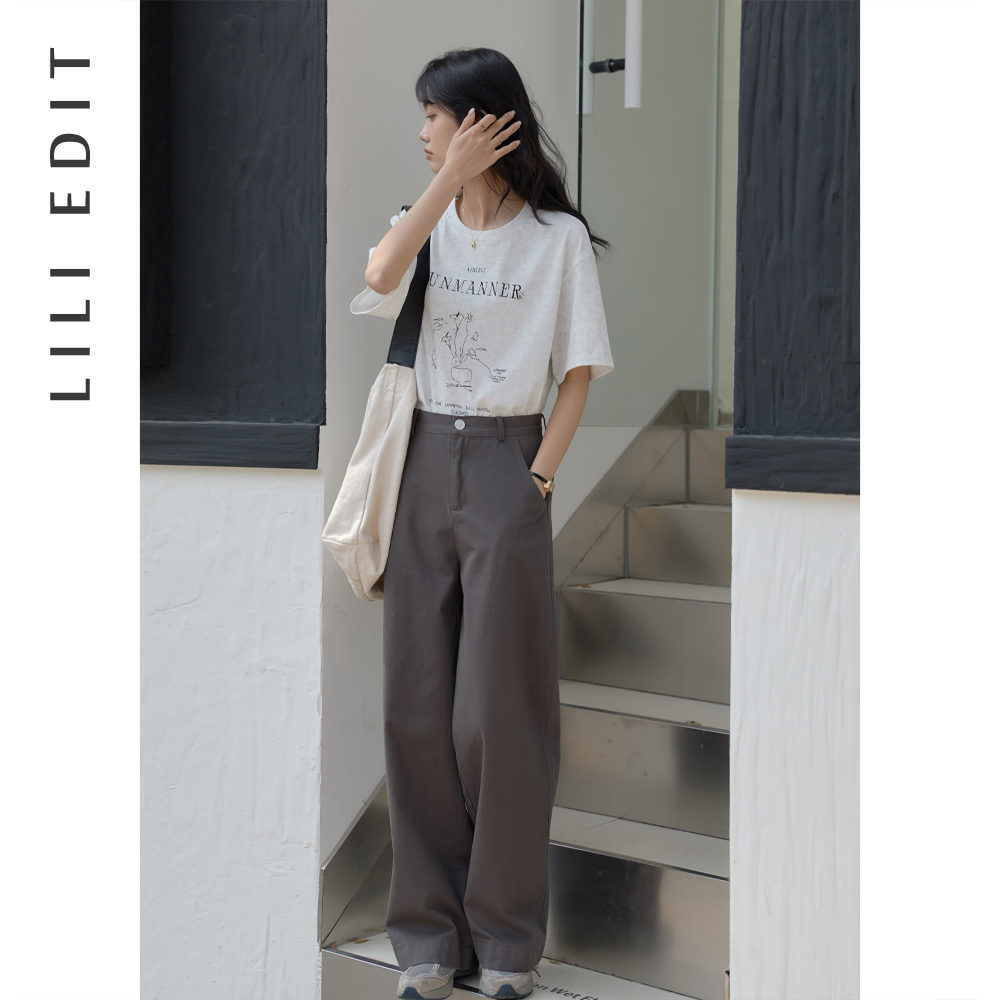 LILI EDIT/线条雪花纹印花T恤女2024夏季小个子圆领宽松休闲上衣 - 图1