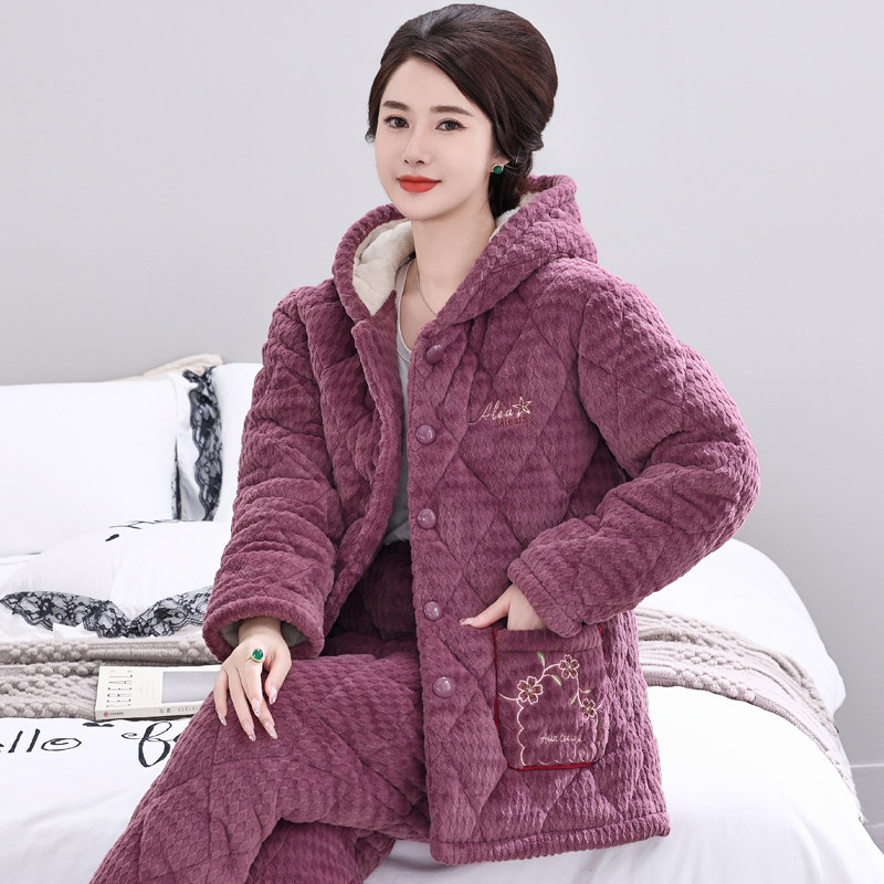 女士睡衣三层夹棉加绒加厚保暖秋冬季中老年妈妈珊瑚绒家居服套装,淘宝优惠券,粉丝福利购,淘宝优惠卷