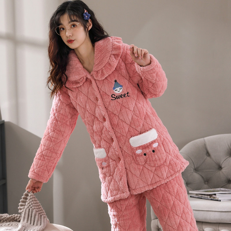 秋冬季珊瑚绒三层夹棉袄加绒睡衣 亿美希服饰睡衣/家居服套装