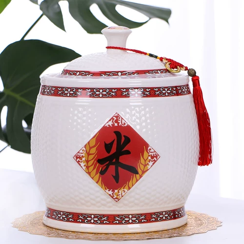 Церамический рисовый резервуар Jingdezhen с крышкой с крышкой масла и бака с водой Домохозяйственные рисовые ящики для герметизации насекомого прилив 10 кг.