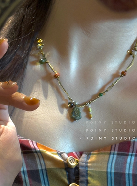 新中式复古彩色串珠圣诞树项链女小众高级感百搭锁骨链毛衣链配饰