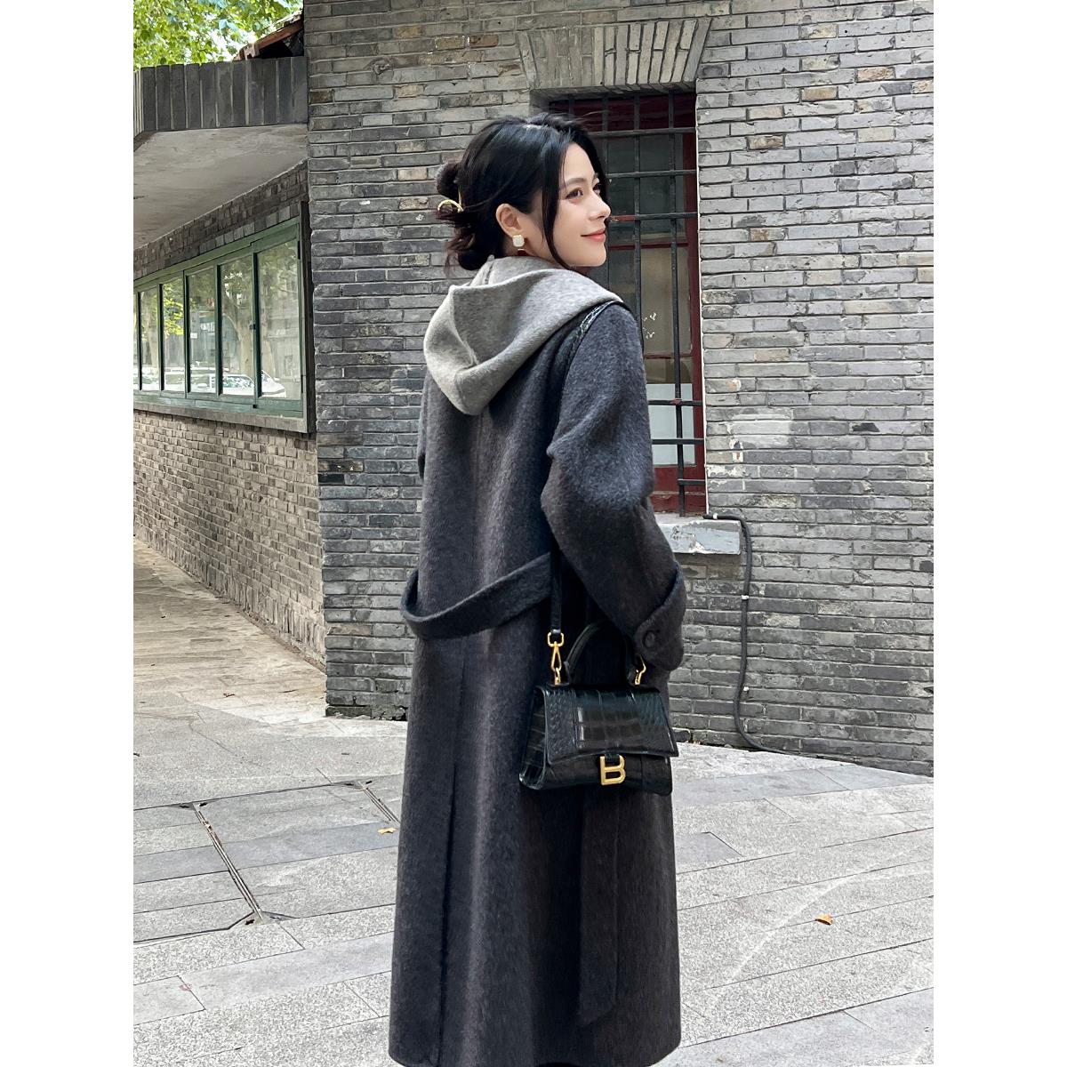 爵莱菲大码烟灰色双面羊绒大衣女中长款2025秋冬新款羊毛呢外套 - 图1