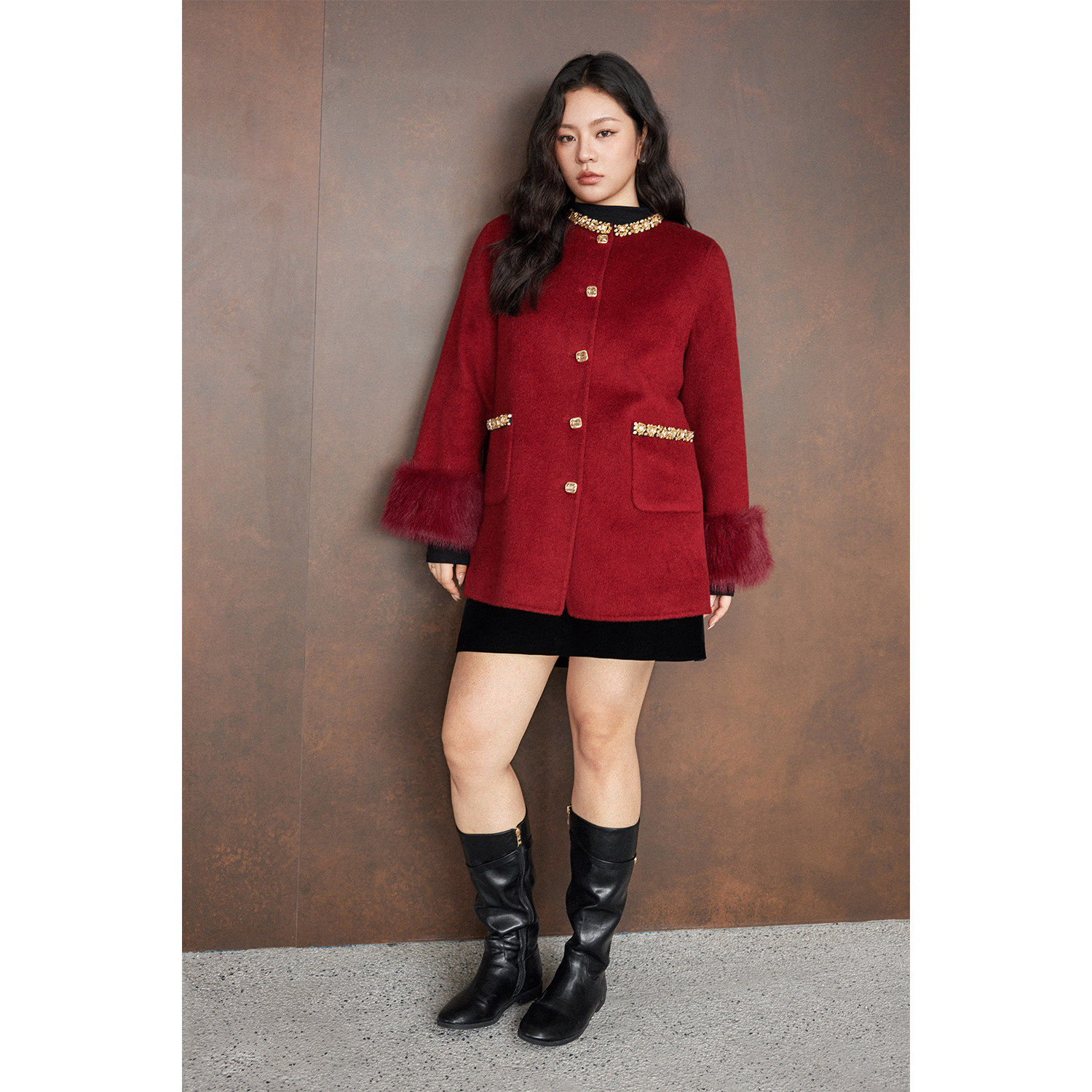 爵莱菲大码狐狸毛羊毛双面呢重工钉钻圆领可拆卸毛毛袖呢大衣,淘宝优惠券,粉丝福利购,淘宝优惠卷