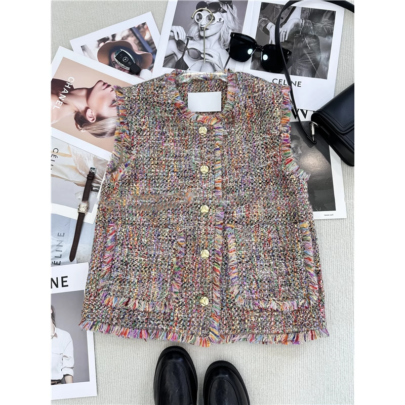 爵莱菲大码2025春秋新款流苏马甲小香风马甲背心无袖叠穿上衣 - 图2