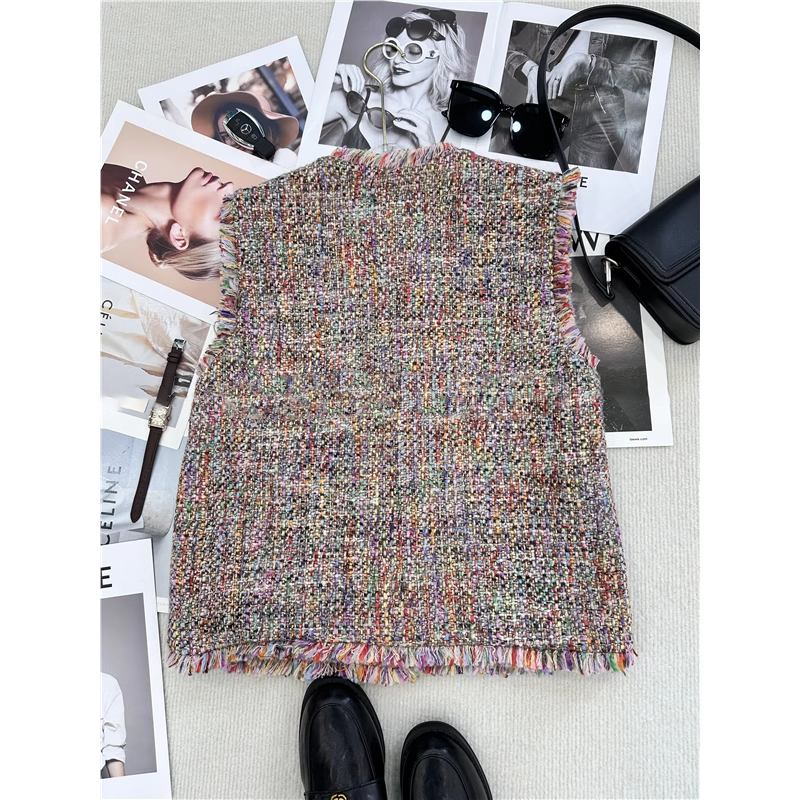 爵莱菲大码2025春秋新款流苏马甲小香风马甲背心无袖叠穿上衣 - 图3