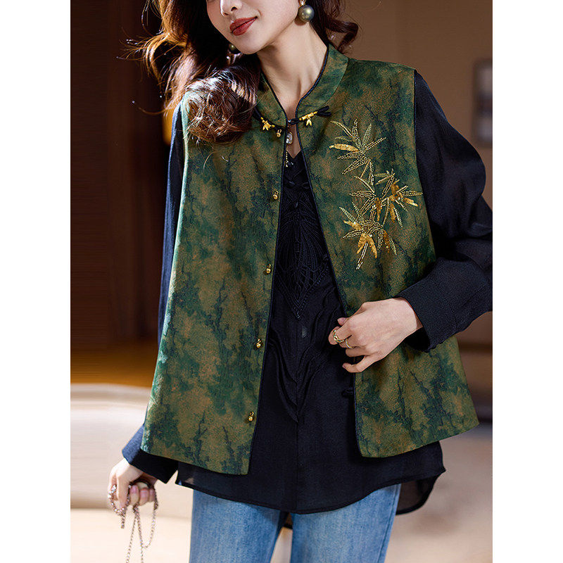 爵莱菲大码国风印花钉珠马甲外套女春季复古大码女装新款洋气上衣,淘宝优惠券,粉丝福利购,淘宝优惠卷