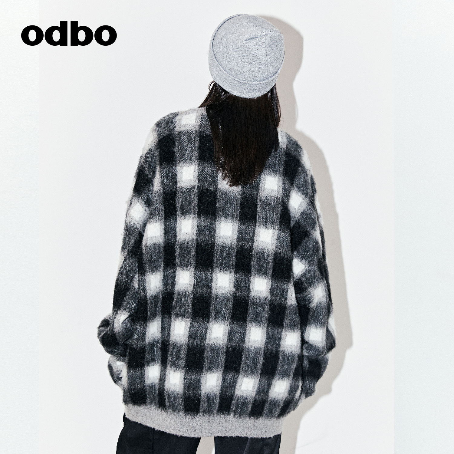 odbo 情侣款格纹海马毛针织衫女秋冬2022新款套头圆领上衣男潮牌