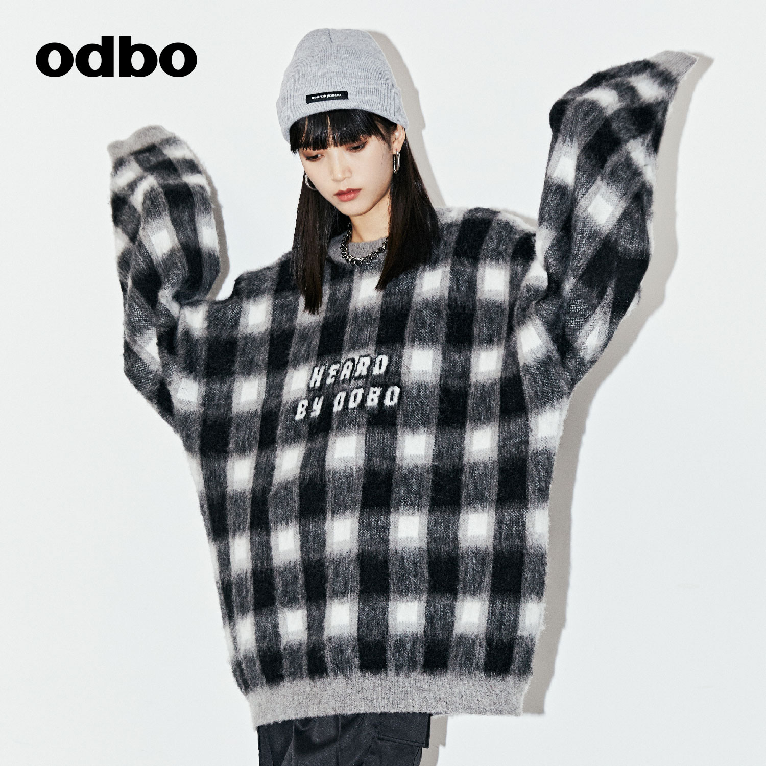 odbo 情侣款格纹海马毛针织衫女秋冬2022新款套头圆领上衣男潮牌