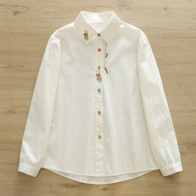 Small fresh literary cartoon embroidery rabbit radish pure cotton white shirt women's long-sleeved student loose version colorful button shirt