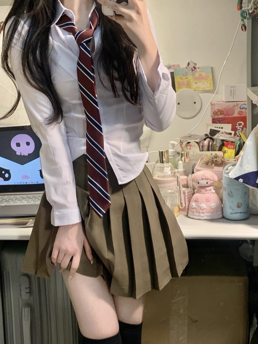 jk制服纯欲风辣妹收腰短袖衬衫女日系学院风百搭白色衬衣套装夏季-图1