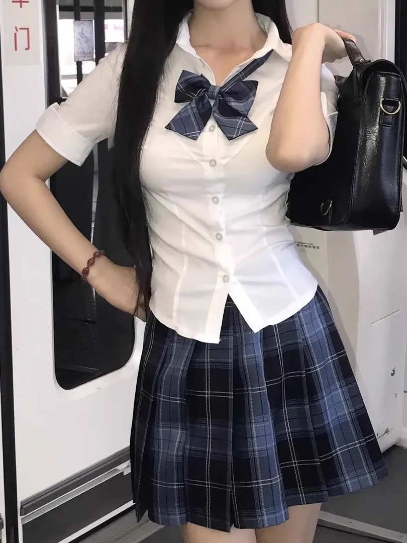 【冈梨田】纯欲jk制服辣妹收腰衬衫女夏季短袖狗短格裙百褶裙套装 - 图3