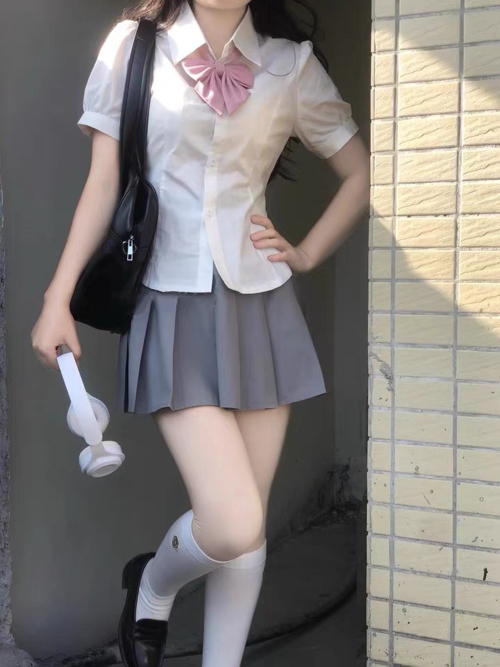 JK制服衬衫上衣女短袖原创夏季学院风收腰泡泡袖白色衬衣辣妹套装