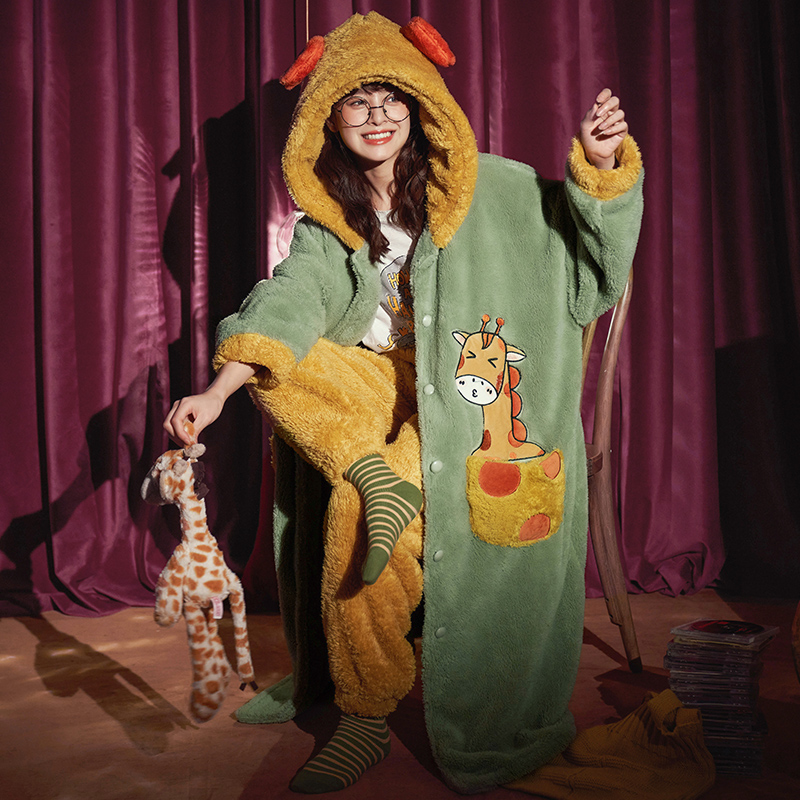 斐序旗舰店秋冬款珊瑚绒睡袍女加厚加绒保暖睡衣冬季连帽套装家居服浴袍长款2