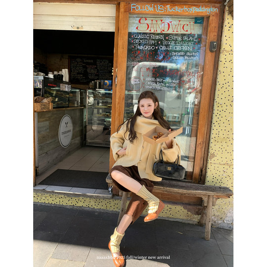 Aaaaxbbb camel wool double-sided woolen coat and skirt