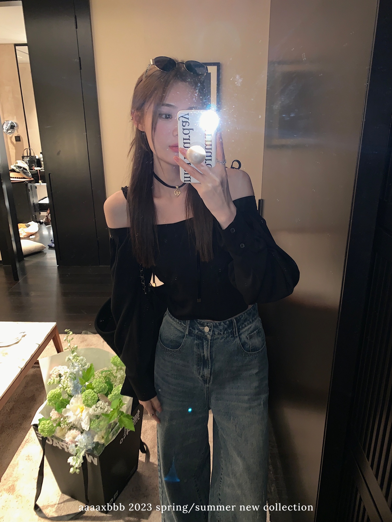 aaaaxbbb 伦敦黑茶 温柔一字肩防晒内搭打底衫显瘦别致薄款上衣 - 图0