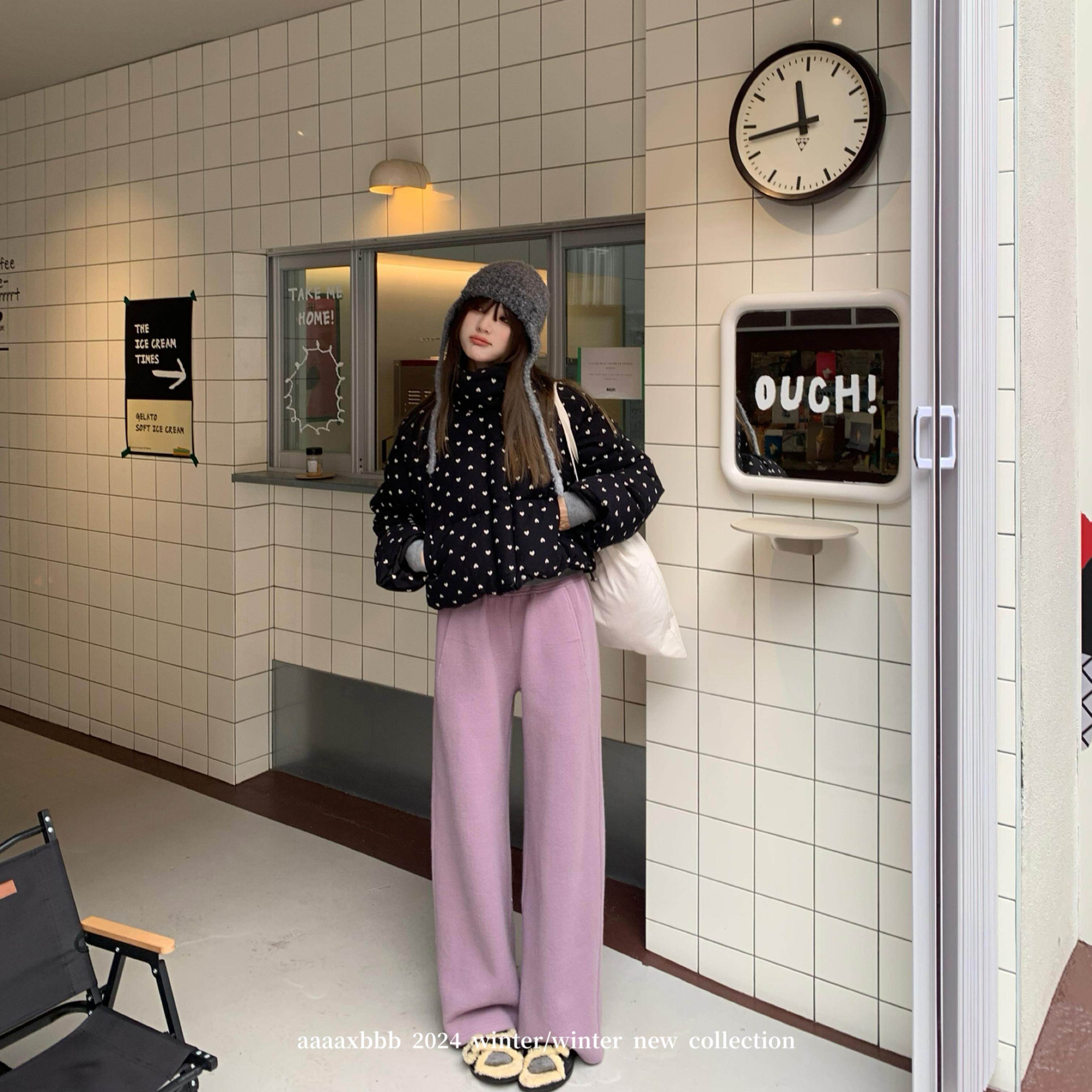 aaaaxbbb 松弛Brunch 四色加绒运动裤松紧腰宽松长款拖地休闲裤女