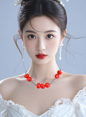 ZA新款百搭轻奢树脂樱桃串珠项链气质优雅时尚锁骨链复古颈链配饰