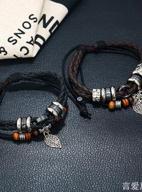 新款复古手链多层编织皮革手环