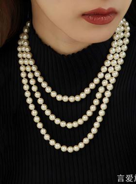搭配旗袍仿珍珠项链锁骨链子双层