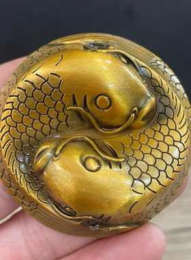 古玩铜器收藏纯铜鎏金双鱼茶宠茶玩摆件茶道小摆件