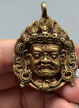 复古黄铜大黑天佛头挂坠西藏黑财神藏式铜佛像男女随身平安小吊坠
