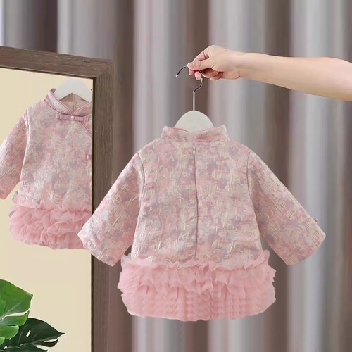婴儿衣服冬季女童旗袍加绒公主裙子儿童周岁礼服一岁女宝宝拜年服 - 图0