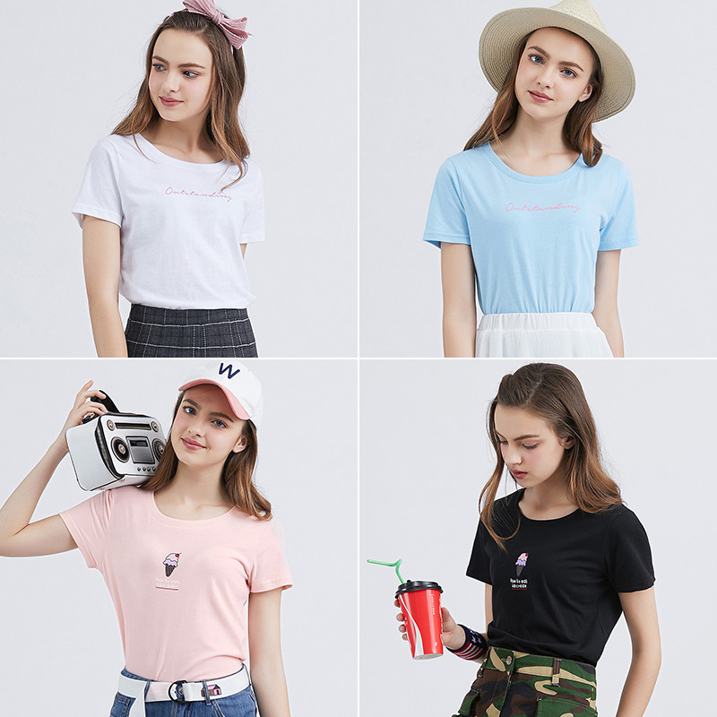 真维斯官方旗舰店真维斯短袖t恤女新款夏季女士圆领休闲印花体恤少女简约上衣1