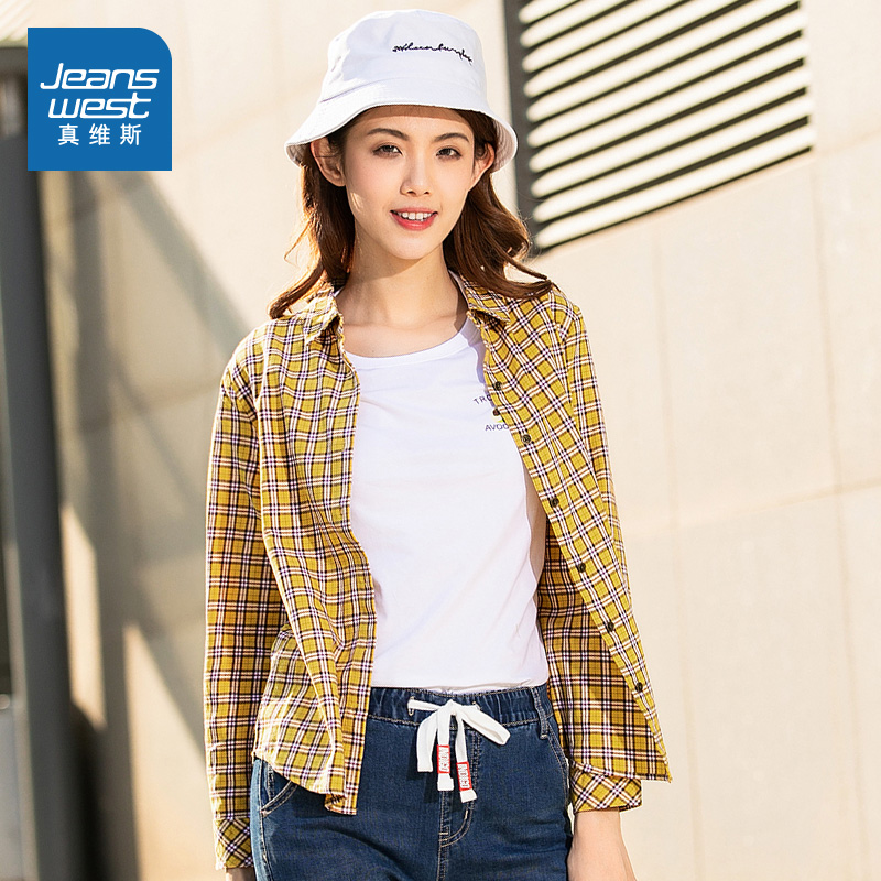 真维斯官方旗舰店真维斯女装衬衣春装新开口女士纯棉翻领时尚格仔港风长袖衬衫0
