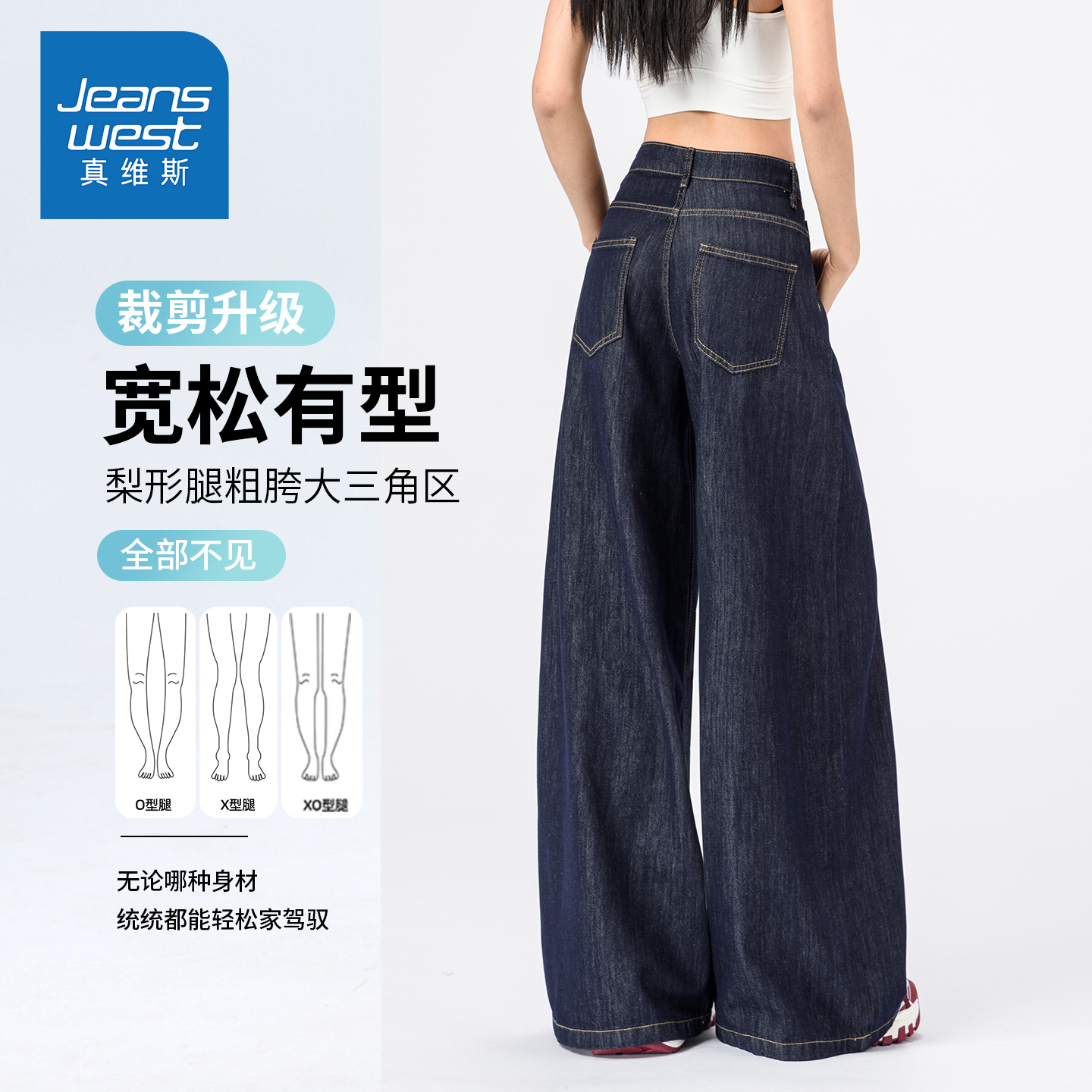 KZH真维斯丹宁蓝牛仔裤女秋冬新款宽松阔腿裤高腰显瘦休闲拖地裤 - 图1