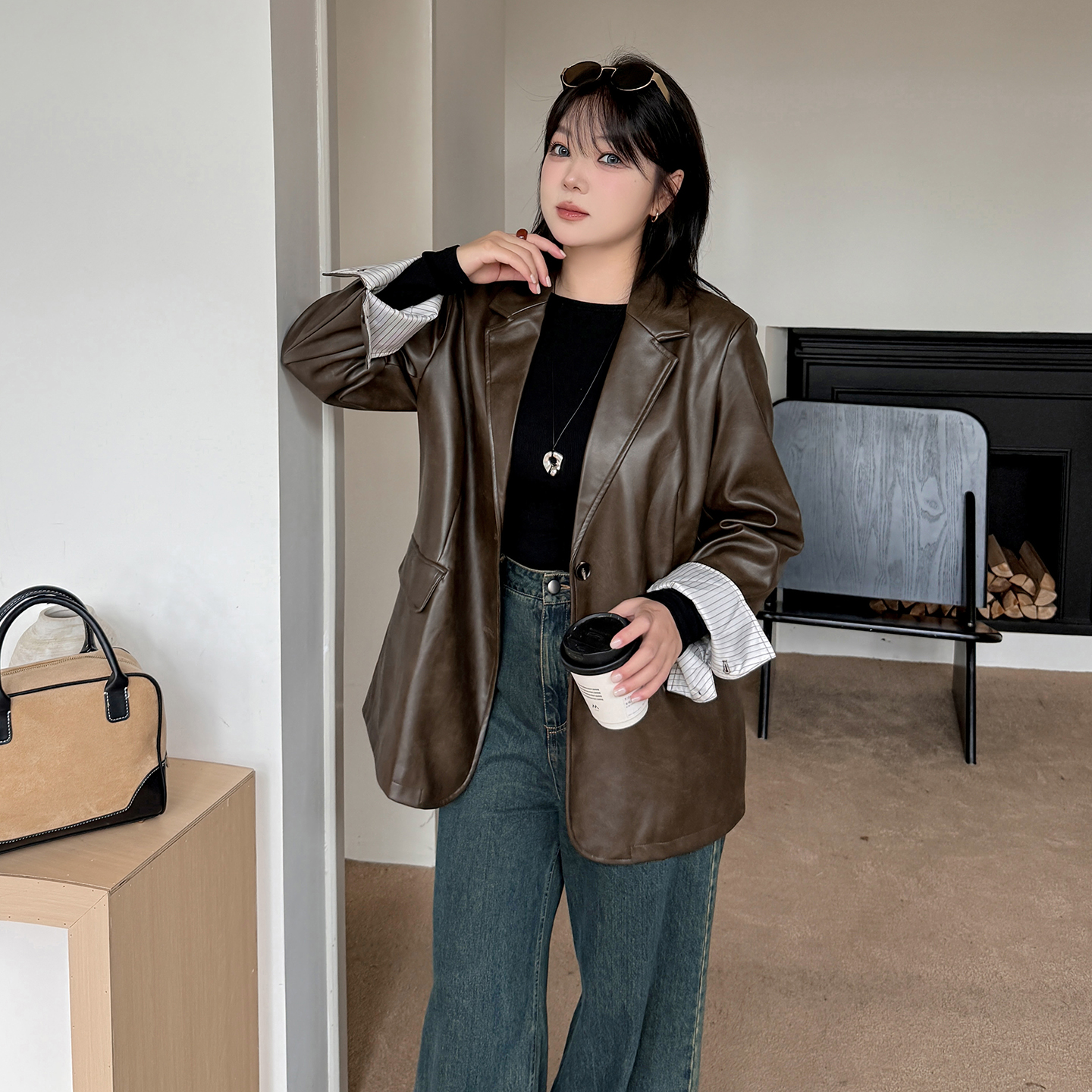 2025秋季新款大码女装胖MM西装复古pu皮衣外套BF风宽松显瘦上衣 - 图2