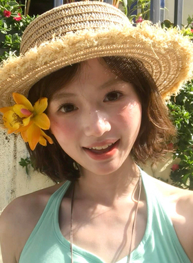 法式平顶草帽三亚海边沙滩拍照