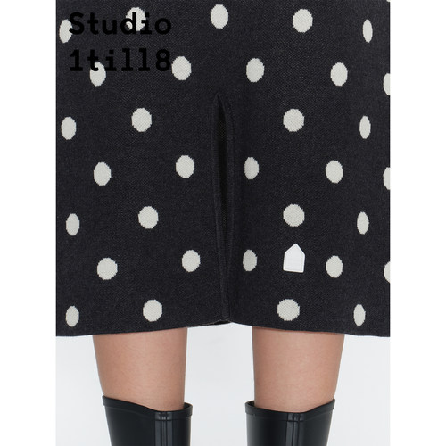 Studio1till8 小A版中长款设计感后开叉长裙黑白波点针织半裙女 - 图3