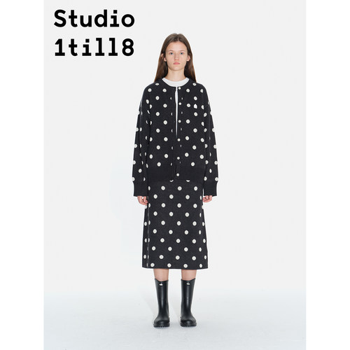 Studio1till8 小A版中长款设计感后开叉长裙黑白波点针织半裙女 - 图2