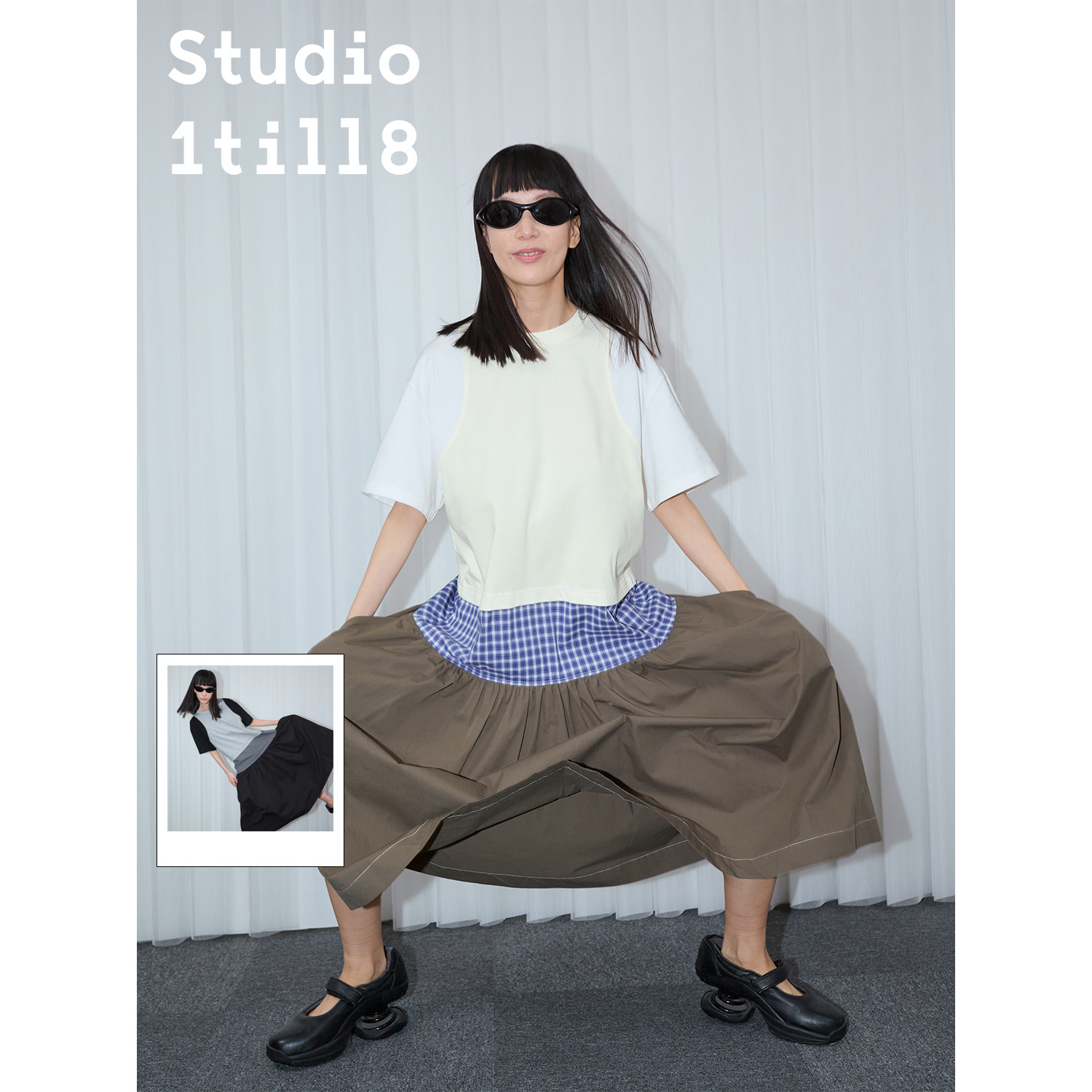 Studio1till8 蓝白格纹/黑灰格纹 拼接假两件宽松长款短袖连衣裙
