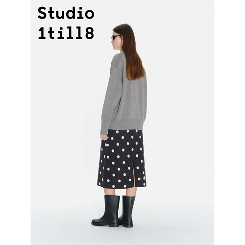 Studio1till8 小A版中长款设计感后开叉长裙黑白波点针织半裙女 - 图1