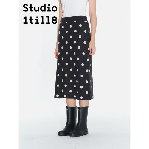 Studio1till8 小A版中长款设计感后开叉长裙黑白波点针织半裙女 - 图0
