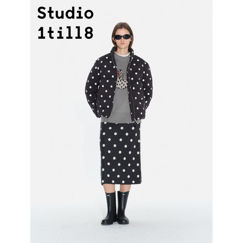 Studio1till8 设计感复古文艺风冬季外套黑白波点立领保暖棉服女 - 图1