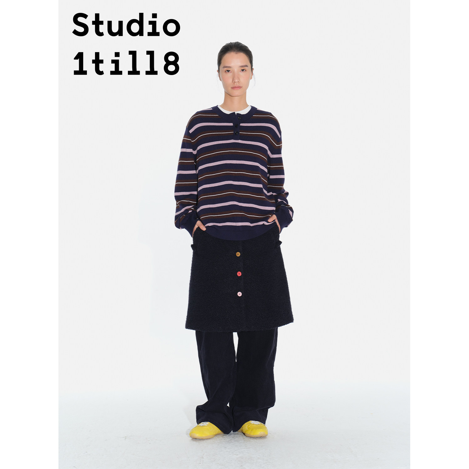 Studio1till8 羊毛混纺呢大衣拼彩扭扣A字半裙套装设计感两件套,淘宝优惠券,粉丝福利购,淘宝优惠卷