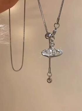 珍珠锆石土星可抽拉毛衣链女2025新款秋冬轻奢设计感高级锁骨链