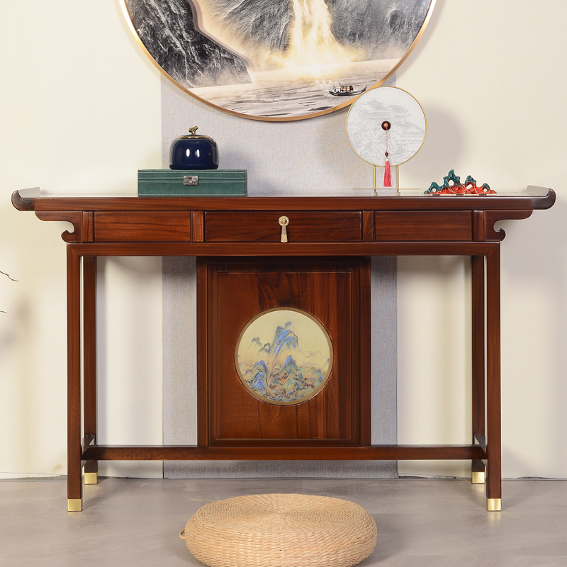 新中式实木玄关桌客厅入户玄关台供桌靠墙超窄条案榆木门厅玄关柜 - 图2