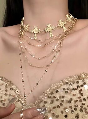 新款复古金色流苏多层叠带宫廷项链女choker颈链甜酷辣妹锁骨链