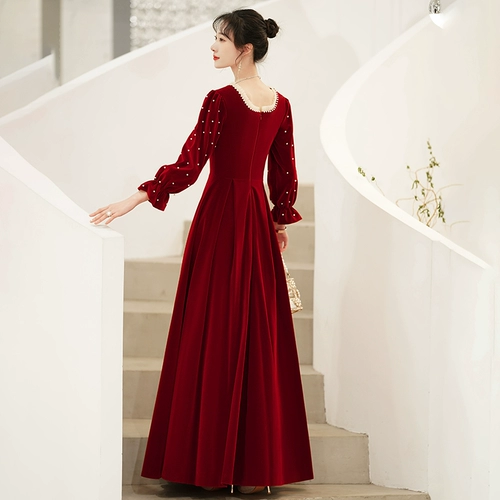 Вечернее платье, бордовый бархатный лонгслив, осеннее весеннее свадебное платье, большой размер, коллекция 2023, по фигуре