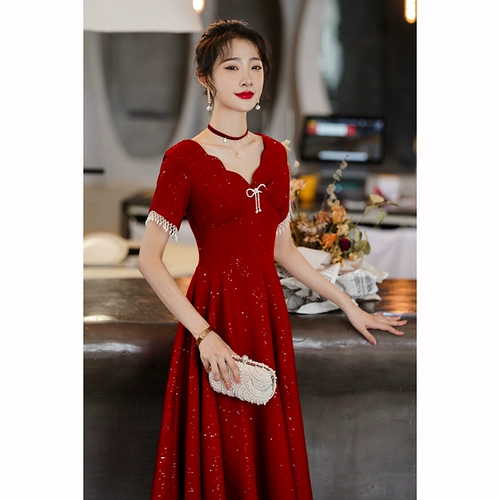 Бордовое вечернее платье, коллекция 2021, осеннее, подходит для подростков, V-образный вырез