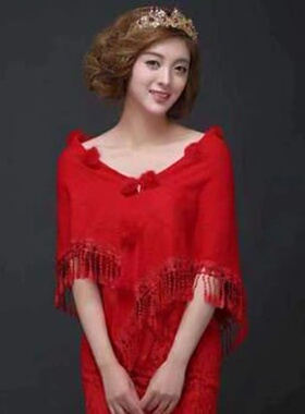 新娘结婚旗袍礼服仿羊绒披肩婚纱女外搭大码敬酒服秋冬多功能斗篷
