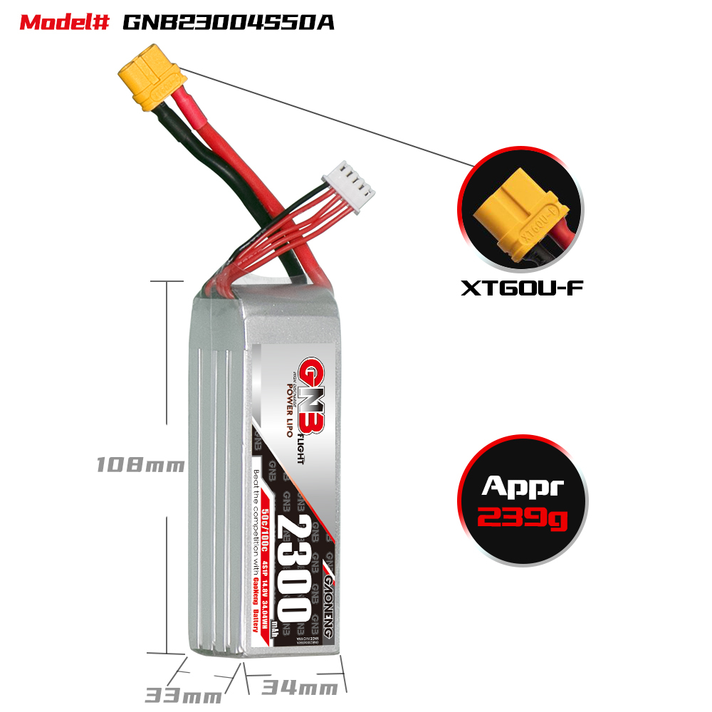 GNB高能2300mAh 4S 14.8V 50C遥控固定翼无人机电池FPV航模车模 - 图0